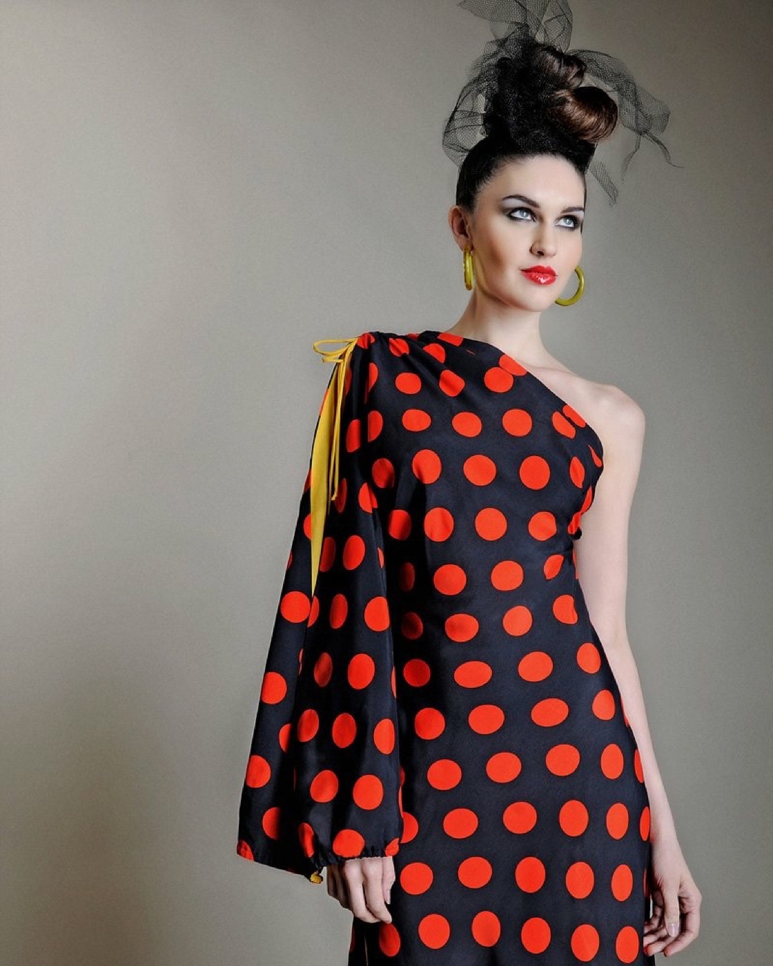 One-shoulder polka-dot dress with bell sleeve