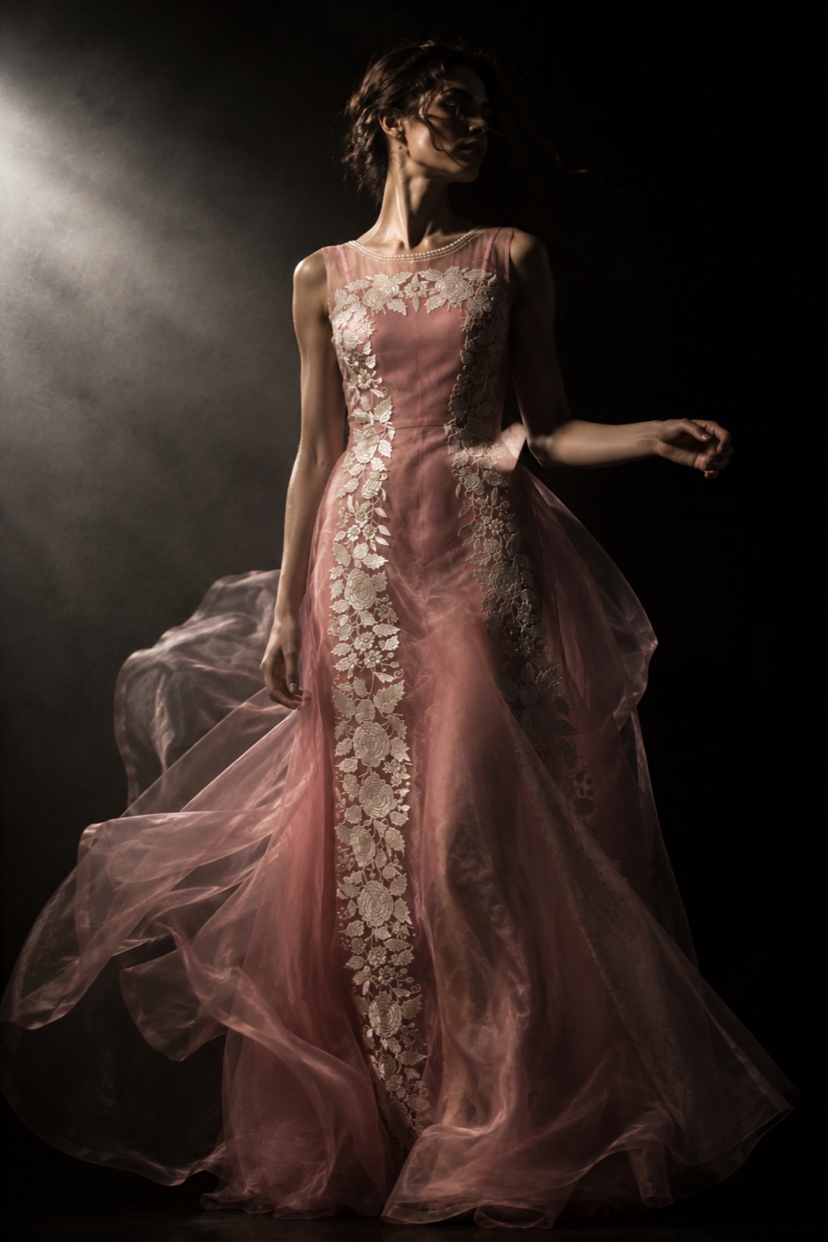 Rose organza gown with floral-lace appliqué