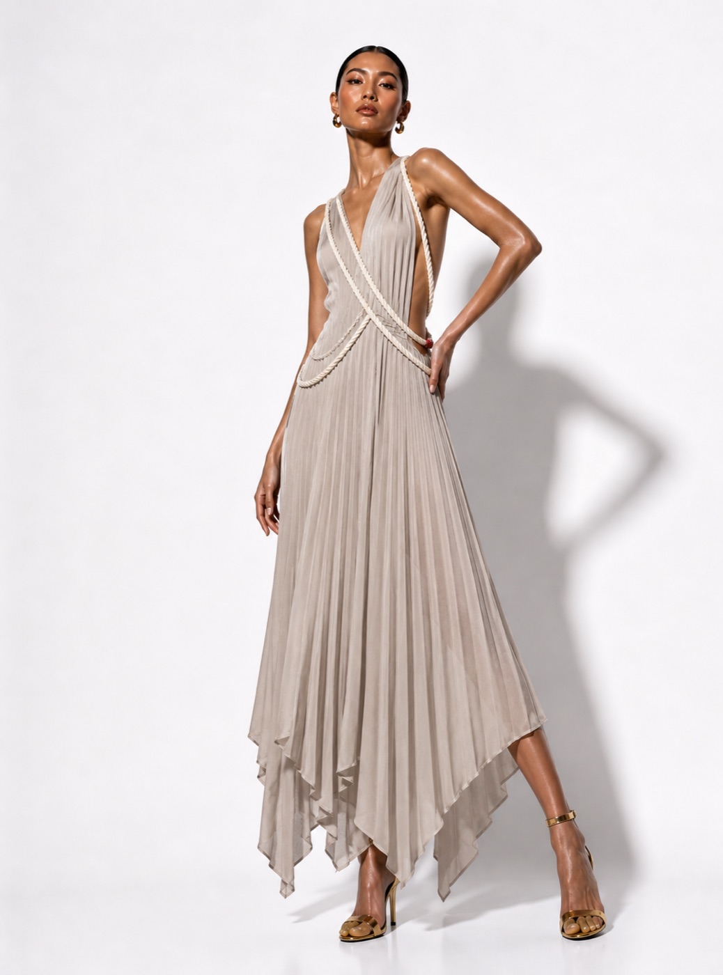 Crossover pleated halter gown