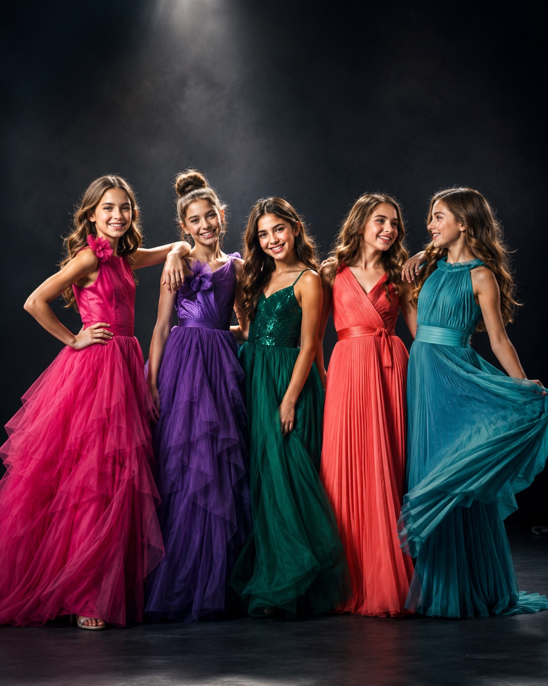 Kids in colorful gowns they designed at a fashion birthday party
