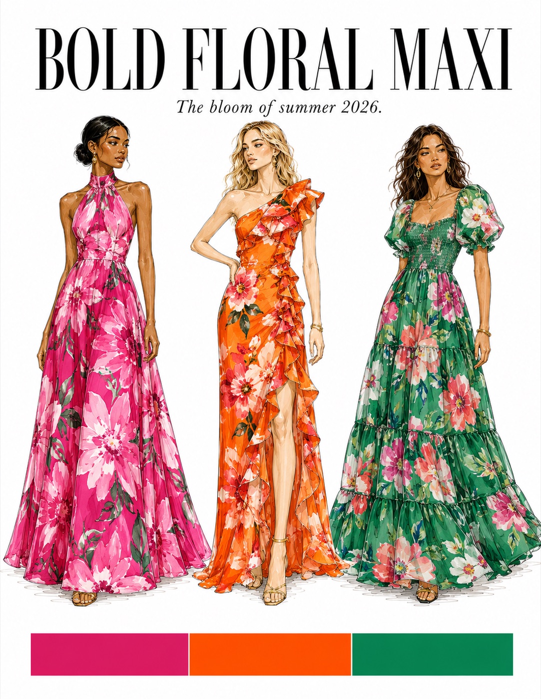 Bold Floral Maxi trend board — the bloom of summer 2027