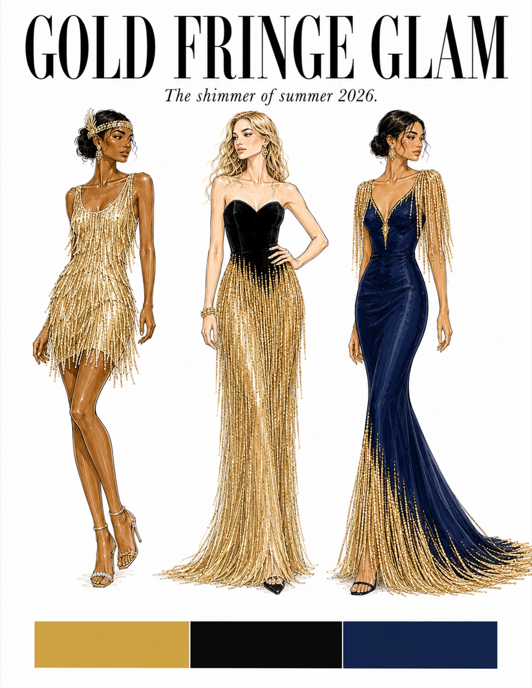 Gold Fringe Glam trend board — the shimmer of summer 2027